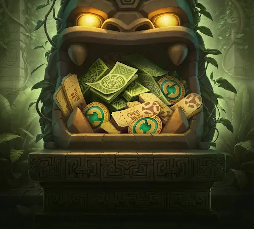 Stone idol treasure altar filled with stacks of cash coins and free bet tokens inside a jungle temple, representing reward discovery and promotional value within the sankra casino bonus system