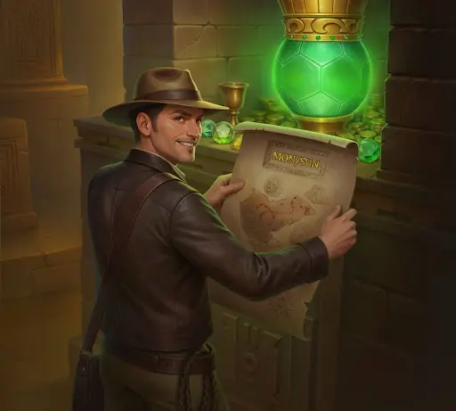 Smiling explorer holding an ancient map beside a glowing green artifact and scattered gems inside a stone temple, symbolizing guided discovery and structured navigation within the sankra online casino experience