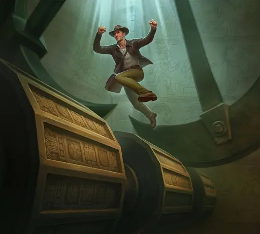 Explorer jumping across massive ancient mechanisms inside a stone chamber, symbolizing momentum progress and confident movement through the sankra casino online experience