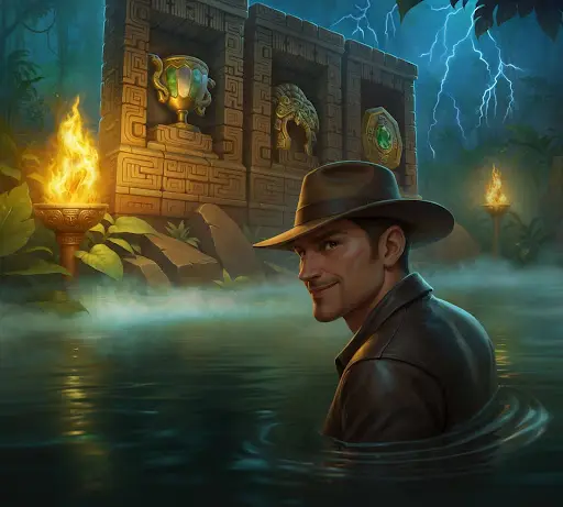 Explorer standing in calm water before an ancient jungle temple with glowing torches and artifacts, symbolizing confidence and smooth entry into the sankra casino online experience